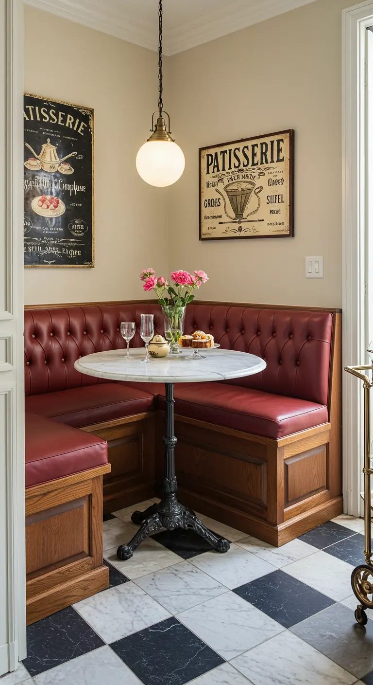 A Parisian bistro-style nook with a red tufted banquette and a marble-top table.