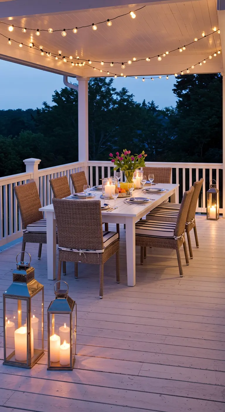 A classic white porch with a dining set, lanterns, and a ceiling of globe lights.