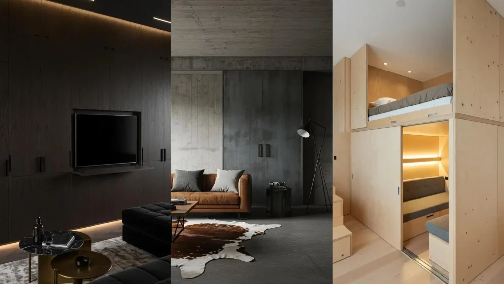 Three minimalist studio interiors showcasing sleek designs, built-in cabinets, and hidden storage solutions for modern living.