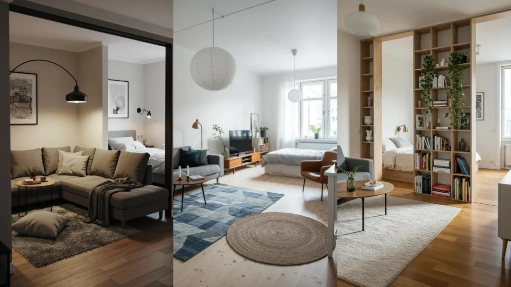 Three studio apartment layouts showing clever room dividers, furniture, and sliding doors creating distinct living & sleeping zones.