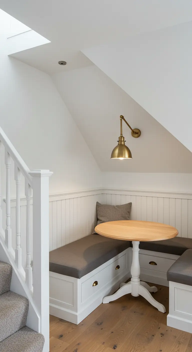 A cozy dining nook built under a staircase with beadboard walls and a brass sconce.