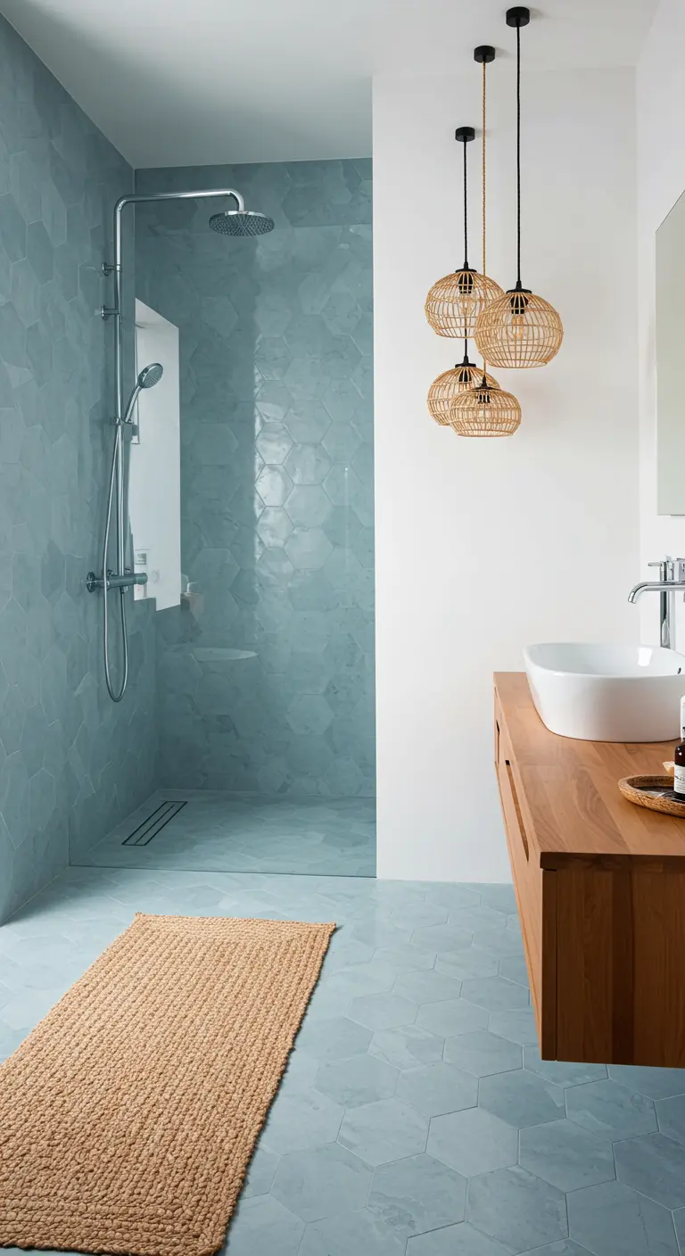 Modern bathroom with clustered rattan pendants over a floating vanity.