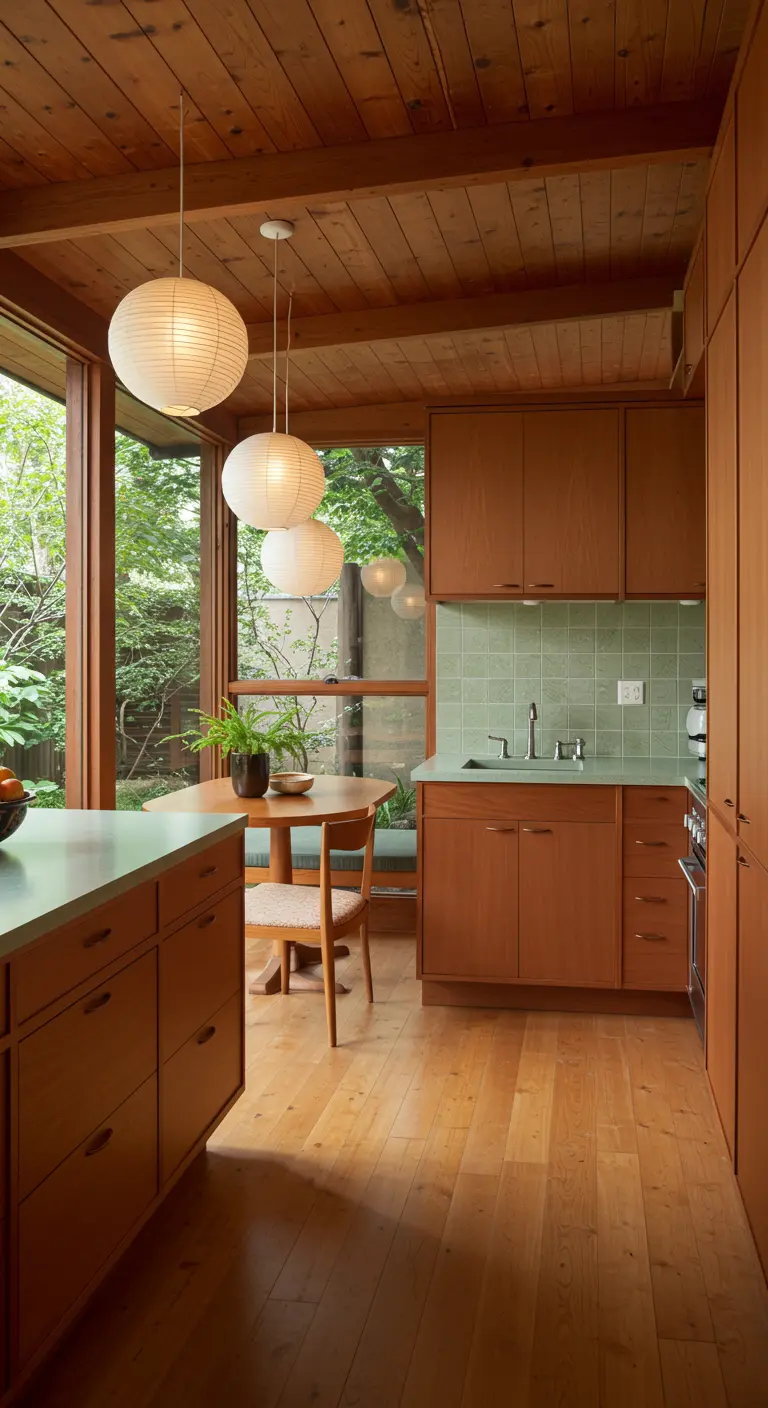 Kitchen dining nook with clustered paper lantern pendants and teak cabinets.