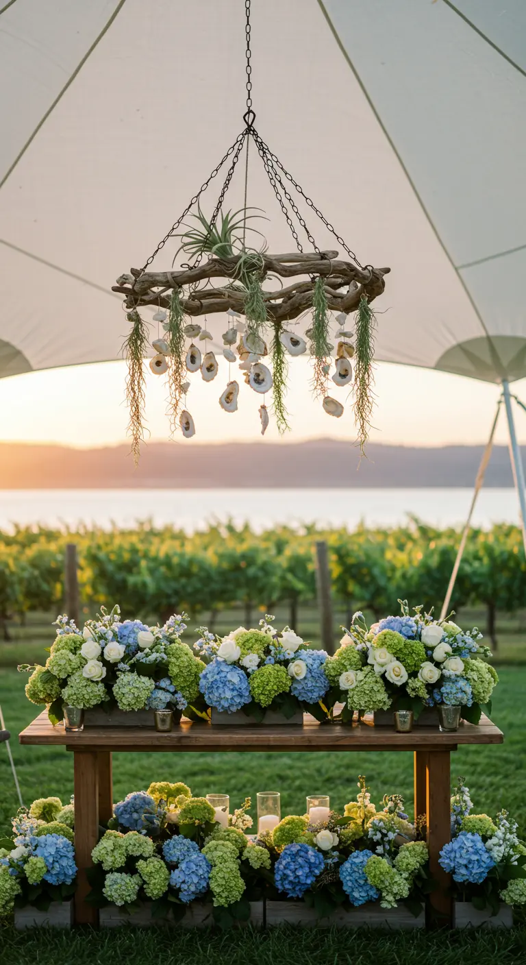 A chandelier made of driftwood, hanging air plants, and seashells over a floral table display.