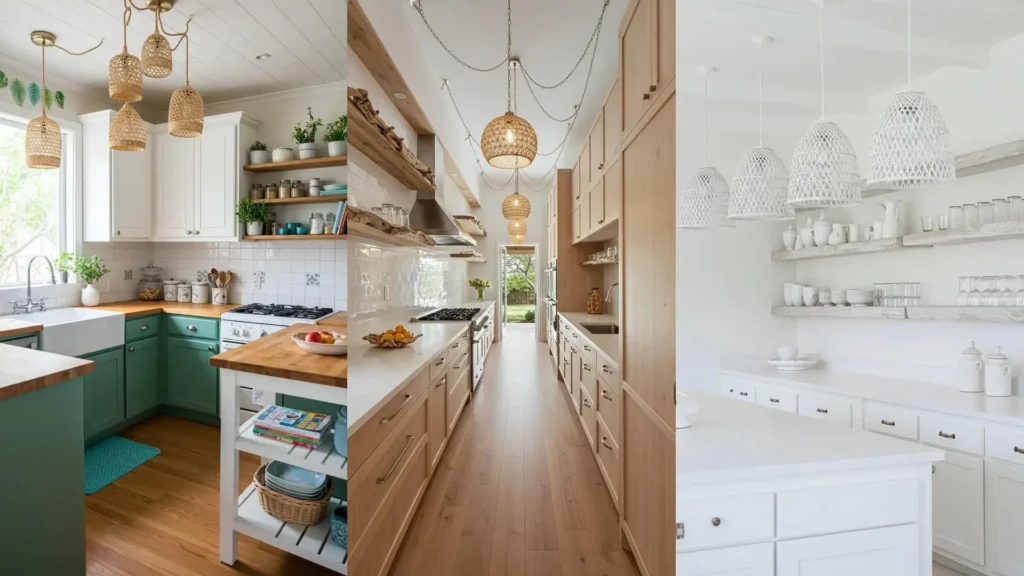 Coastal boho kitchen designs with stylish woven pendant lights and rustic driftwood open shelves.