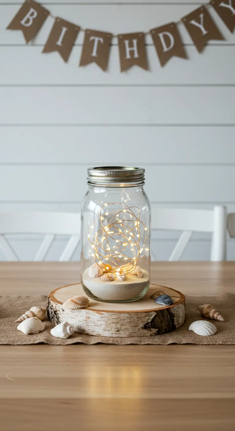 A single mason jar with sand, fairy lights, and seashells on a wood slice.