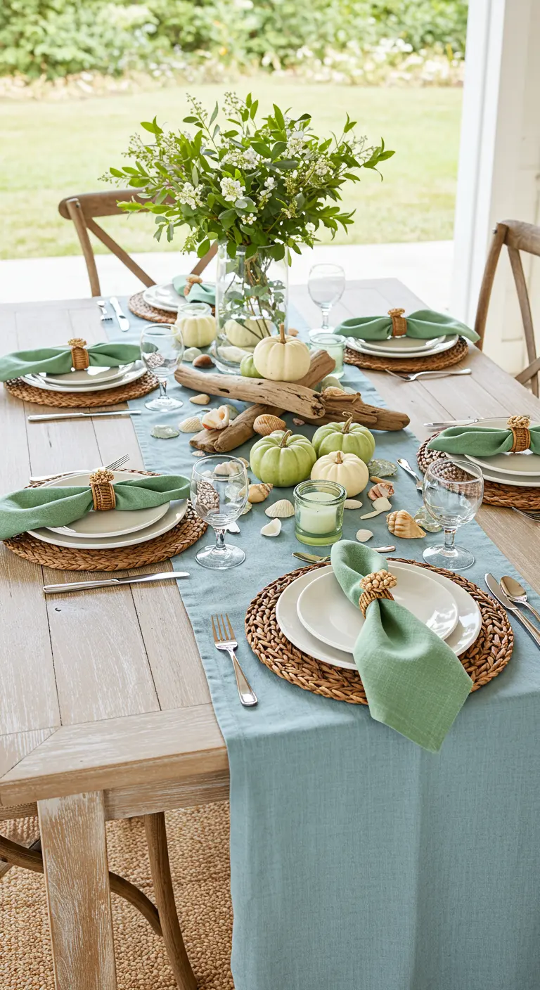 A coastal-themed Thanksgiving table with a driftwood centerpiece, green pumpkins, and seashells.