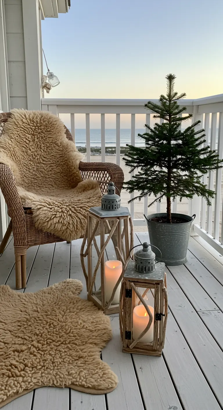A beach-view balcony with a wicker chair, sheepskin rug, and weathered lanterns.