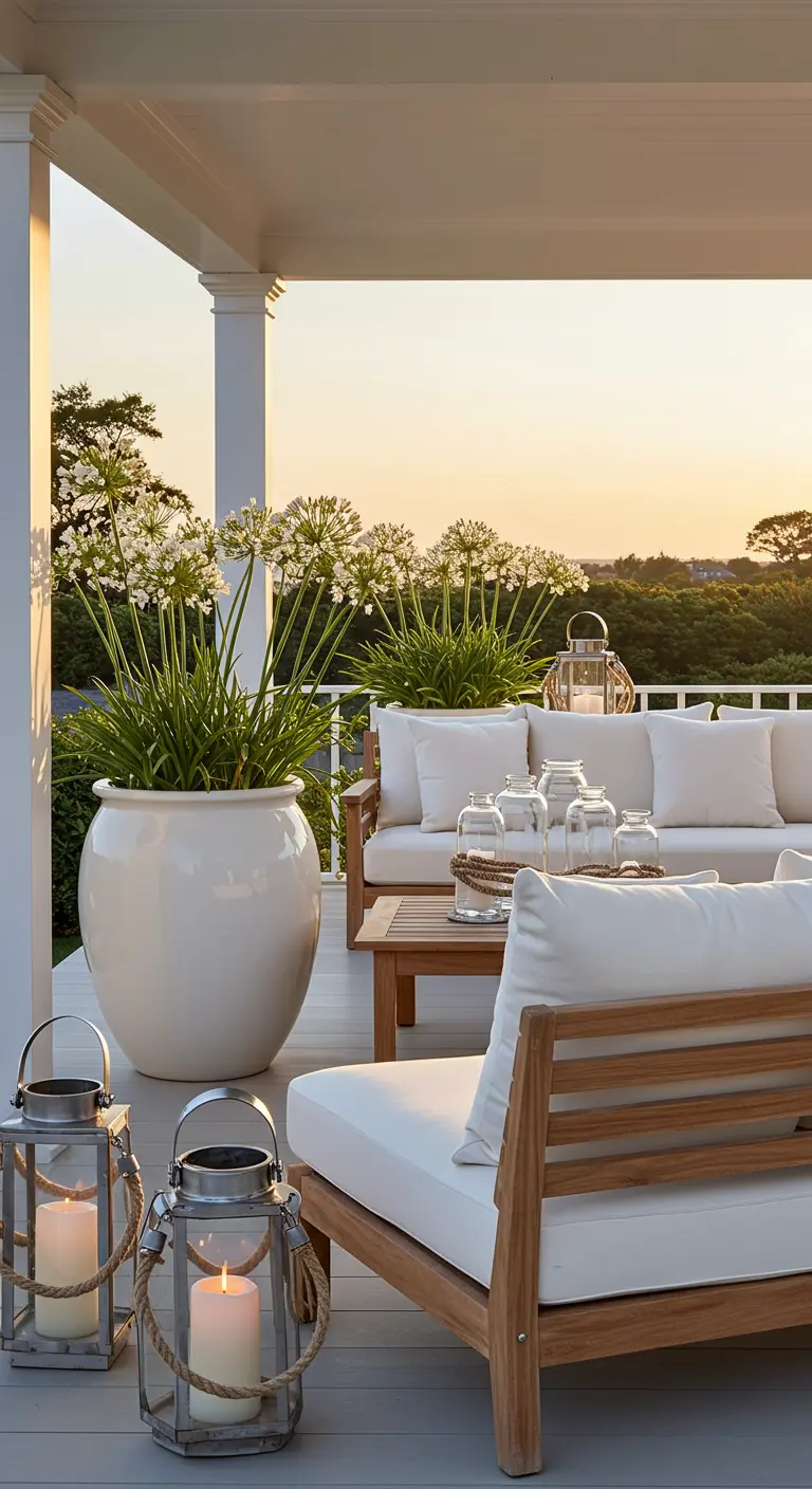 A coastal porch with teak furniture, white agapanthus in a large pot, and rope-handled lanterns.