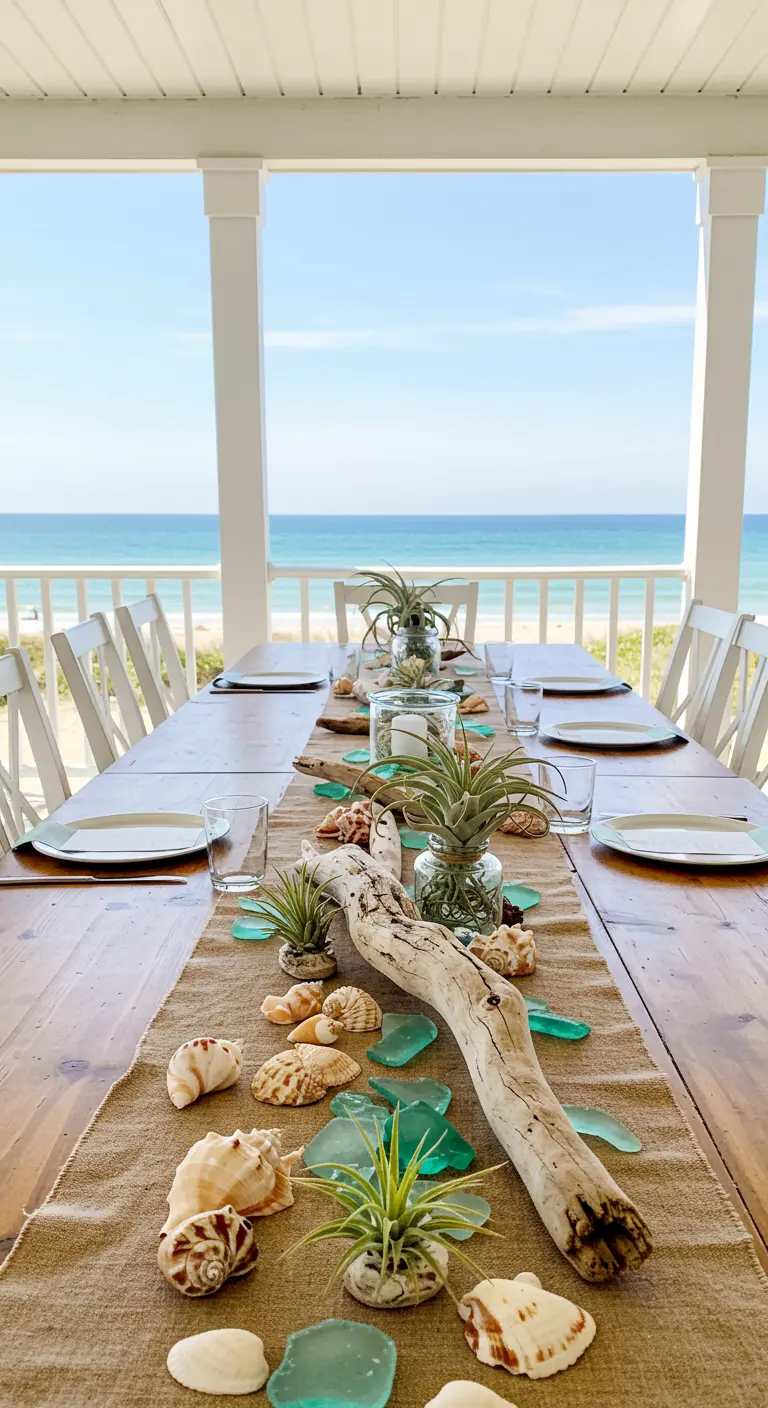 A beach-themed tablescape with driftwood, seashells, sea glass, and air plants on a porch.