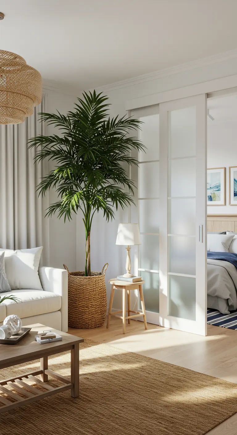 Coastal living room with white frosted glass sliding doors, a white sofa, and a large palm.