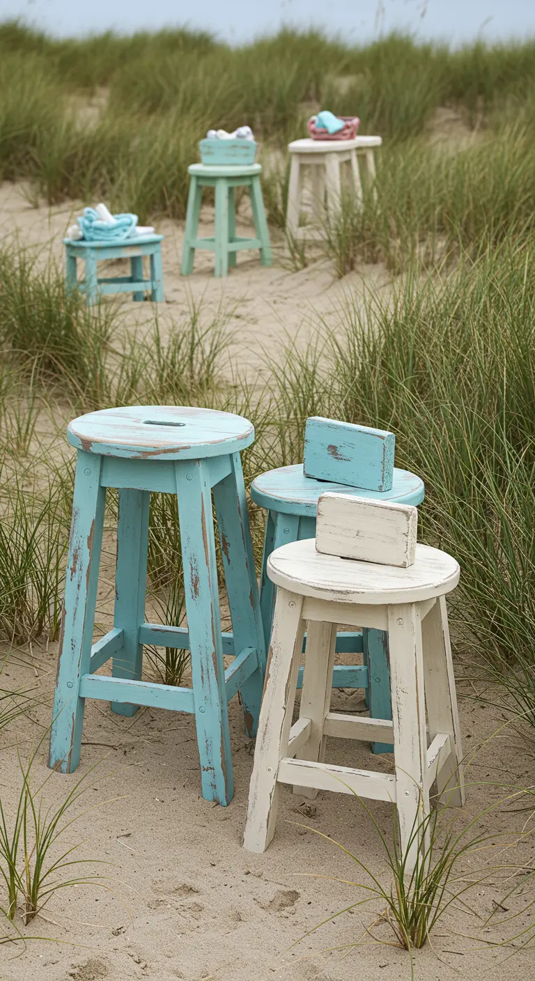 Weathered stools in sea-glass colors on a sandy beach among tall grasses.