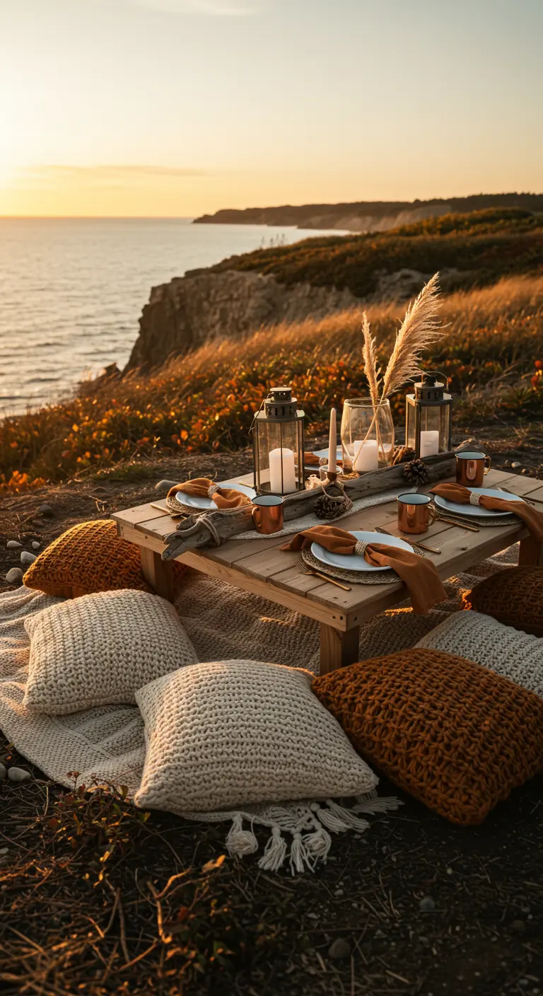 A low picnic table on a cliffside with knit pillows, copper mugs, and pampas grass decor.