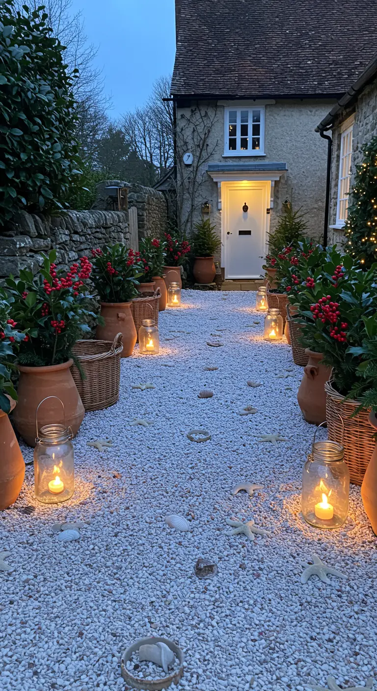 A gravel path to a cottage door, decorated with holly, lanterns, and seashells.