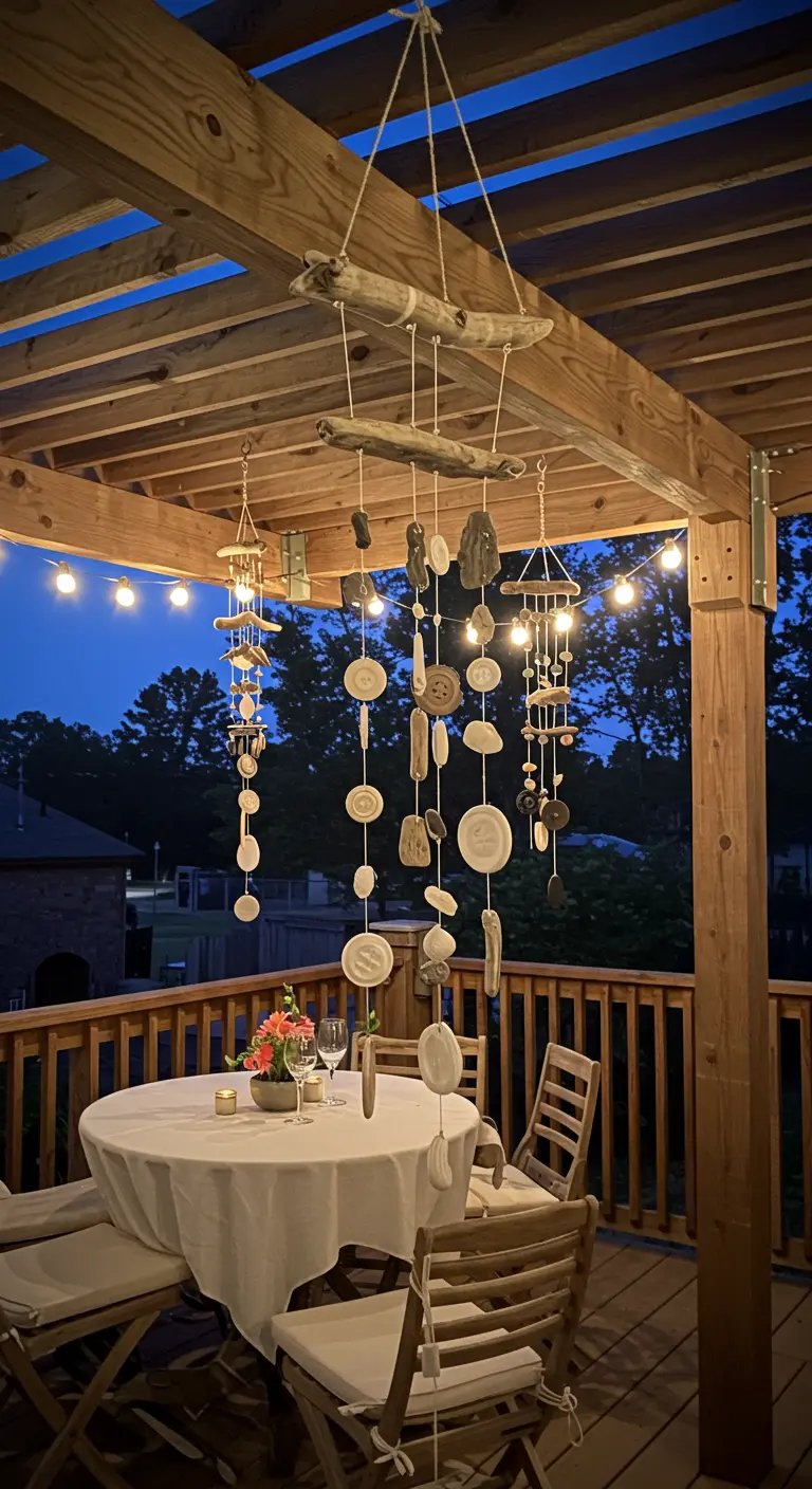 A DIY wind chime made of driftwood, stones, and beads hanging from a wooden pergola.