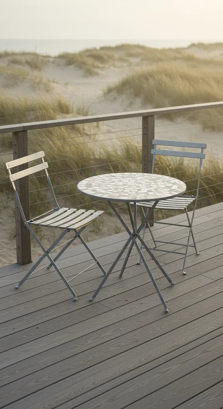 Light-colored bistro set with a subtle white and gray mosaic on a deck overlooking sand dunes.