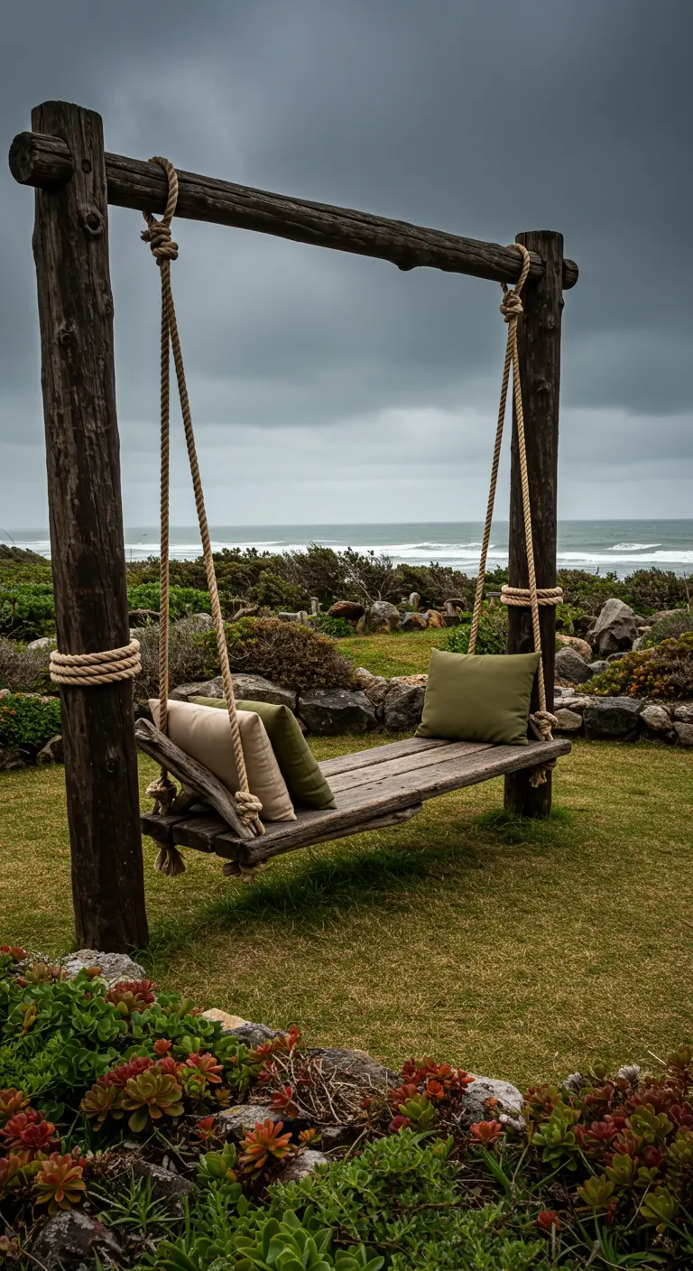 Rustic wooden swing bench with green cushions in a coastal garden with succulents.