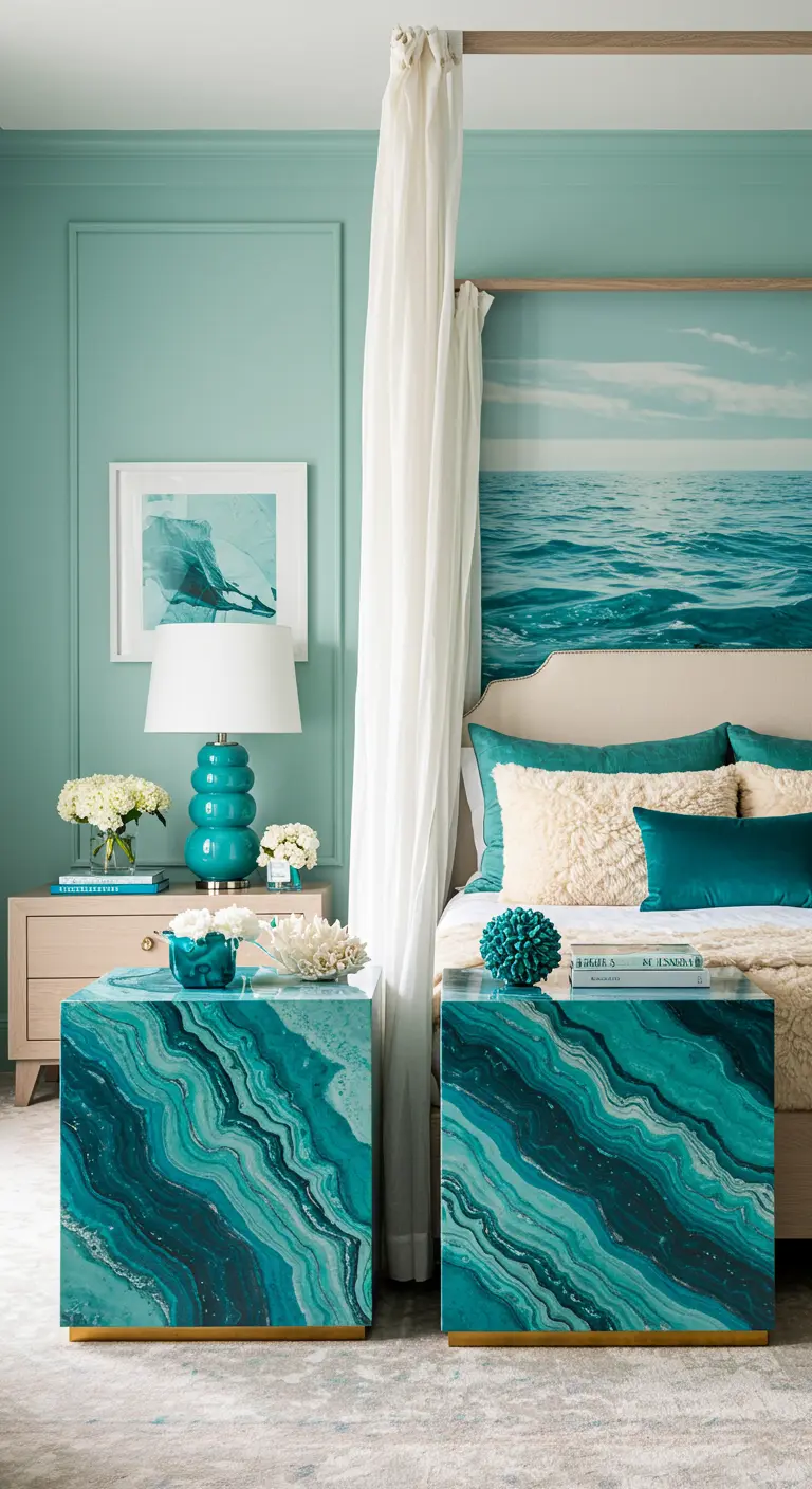 Coastal bedroom with teal walls and malachite-style block nightstands.