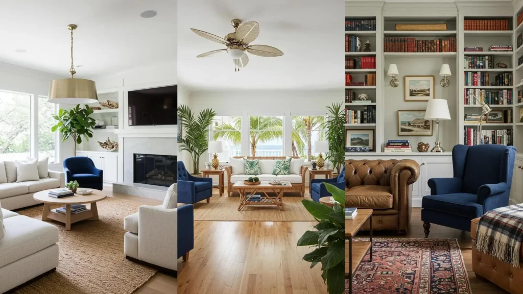 Coastal luxe living room inspirations featuring navy velvet chairs, polished nickel lighting, and sophisticated decor.