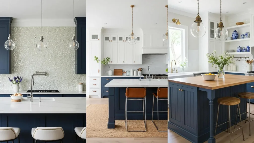 Coastal modern kitchens featuring navy base cabinets and white quartz islands.
