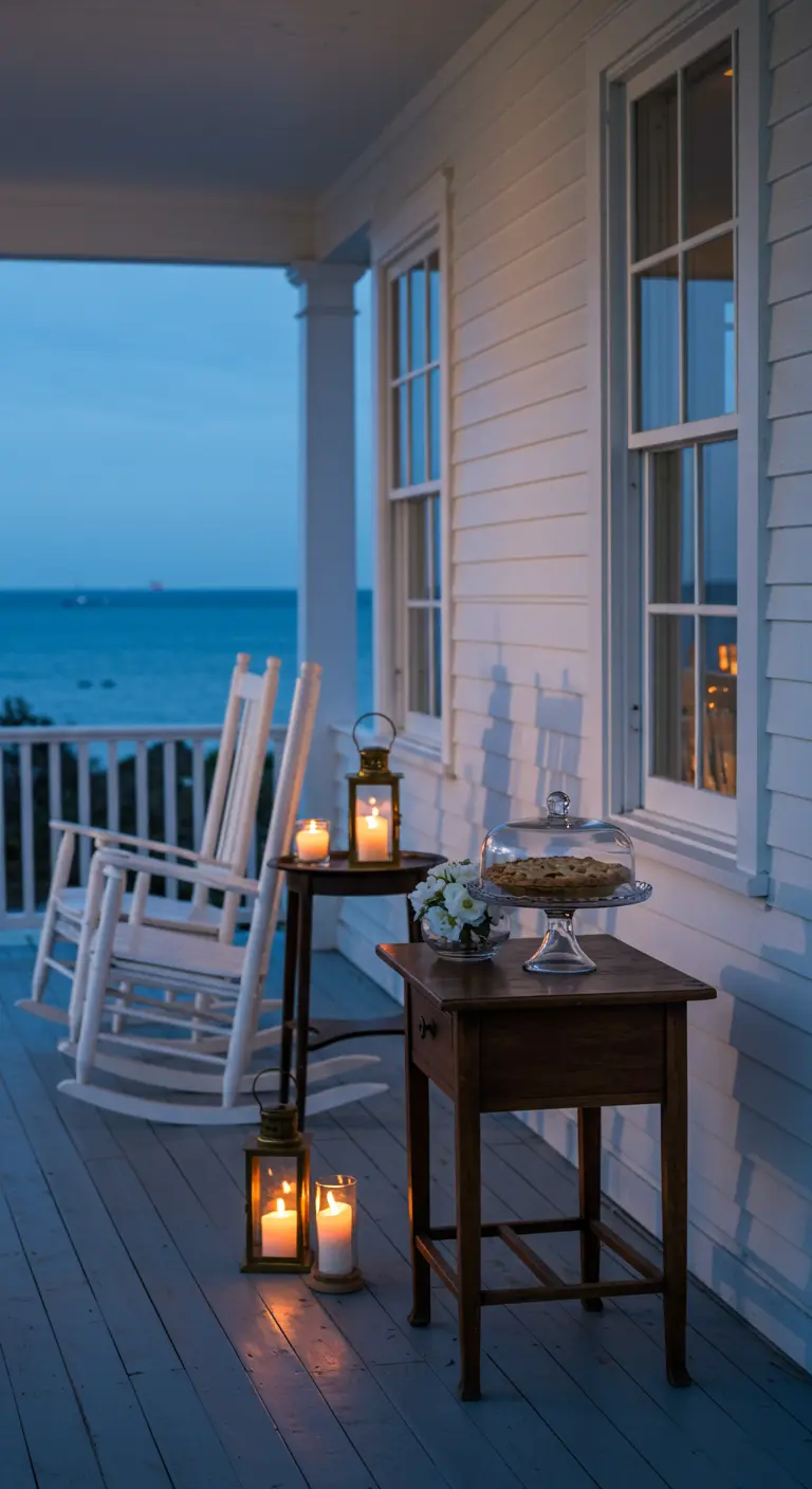 A quiet coastal porch with white rocking chairs, a pie under a cloche, and lanterns on end tables.