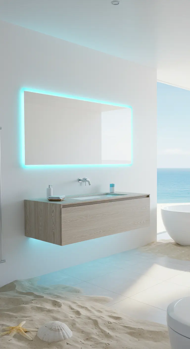 Bathroom with a floating oak vanity and ocean view, featuring soft blue-green LED lighting.