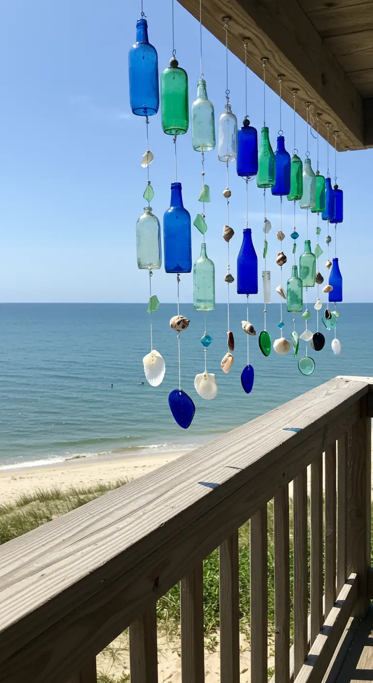 Blue and green bottle and sea glass wind chime hanging on a balcony overlooking the ocean.