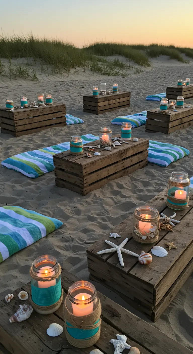 Beach party with wooden crates, floor cushions, and glass jars wrapped in twine and teal ribbon holding candles.