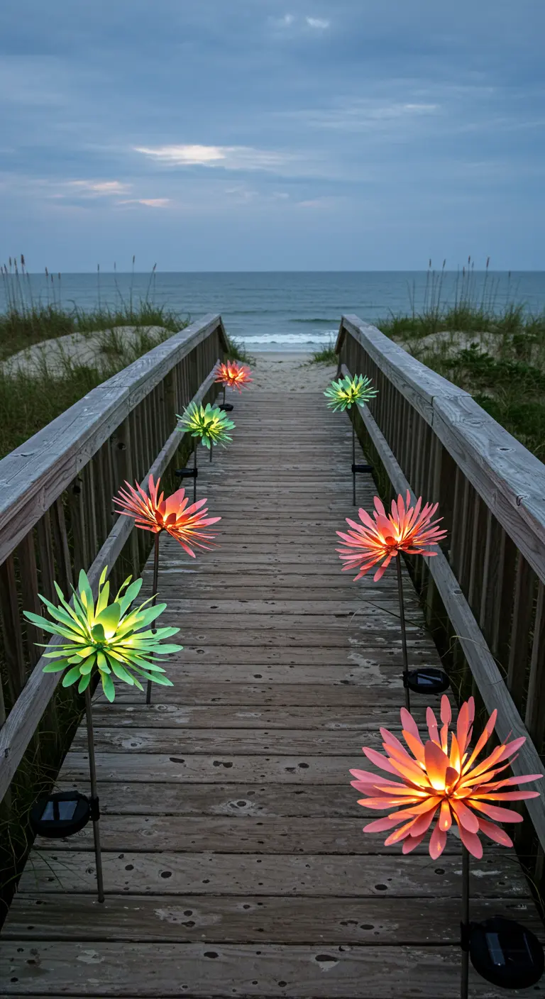 Colorful solar-powered flower lights lining a wooden boardwalk leading to the beach.