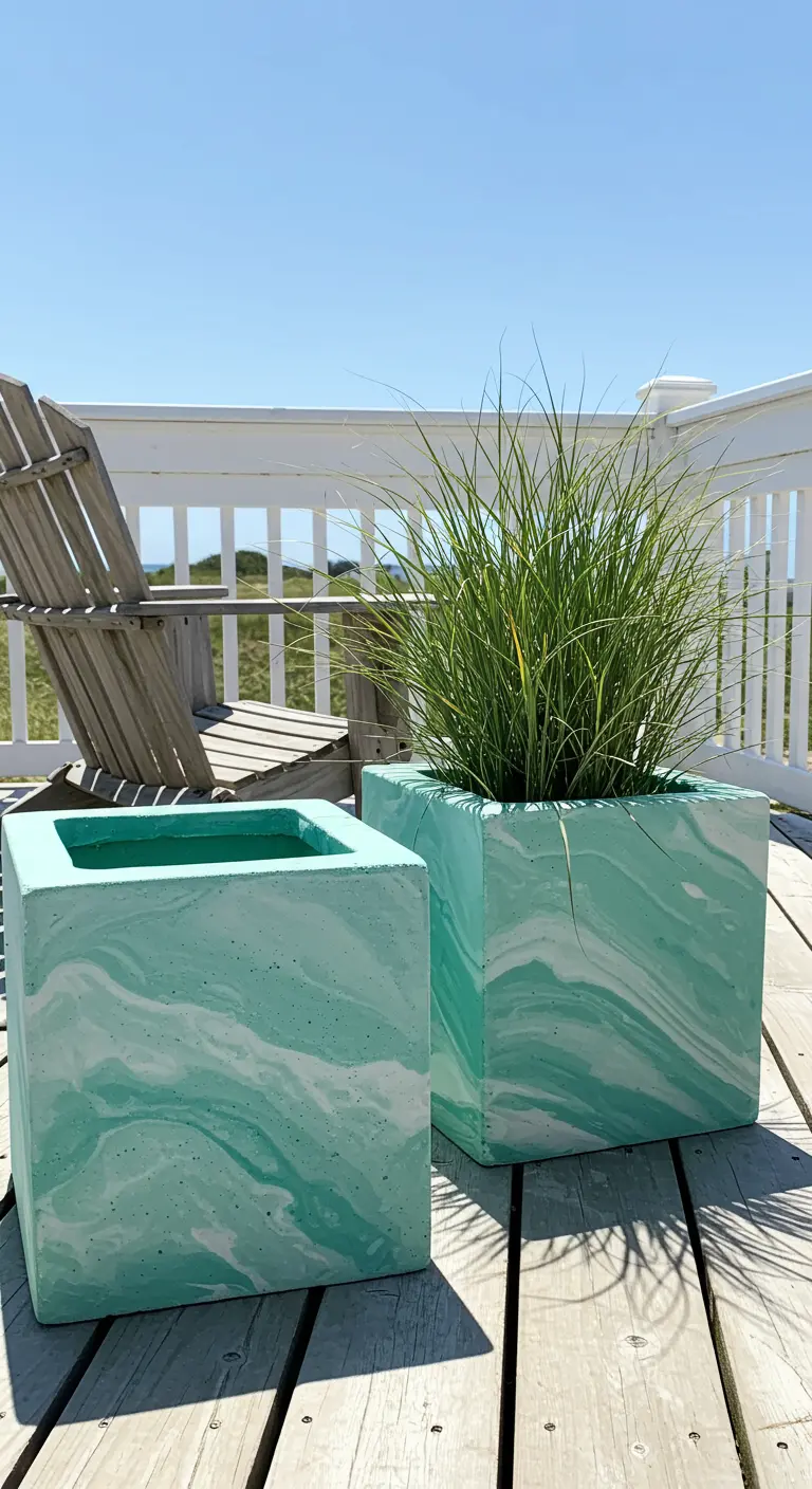 Two square cement planters with a seafoam green and white marble effect on a wooden deck.