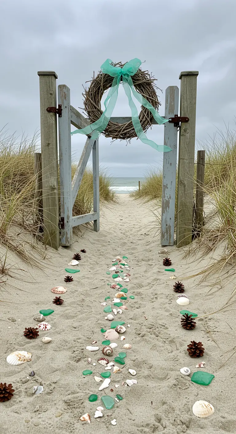 A beach gate with a twig wreath and a path lined with seashells, sea glass, and pinecones.