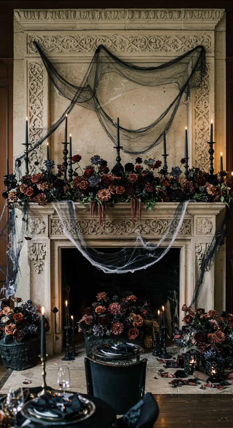 An ornate fireplace mantel decorated with black cobweb-like fabric and arrangements of dark, moody roses.
