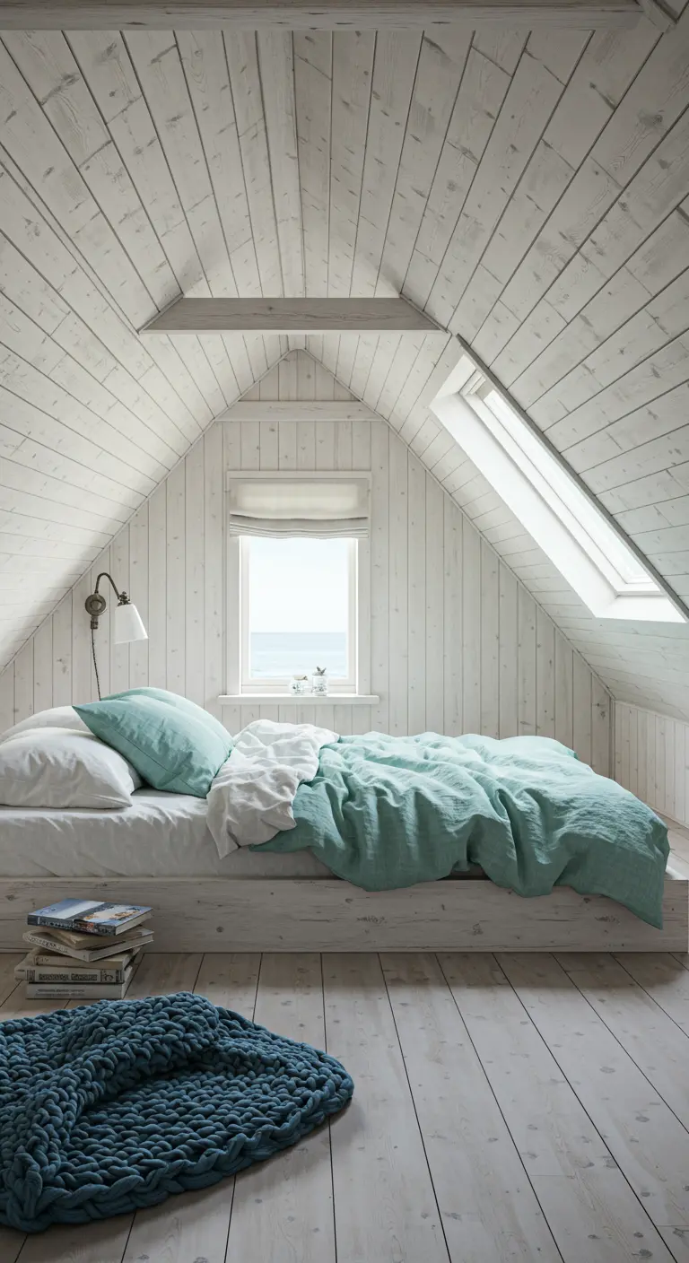 Attic bedroom with whitewashed wood plank walls and ceiling, and a bed with linen sheets.