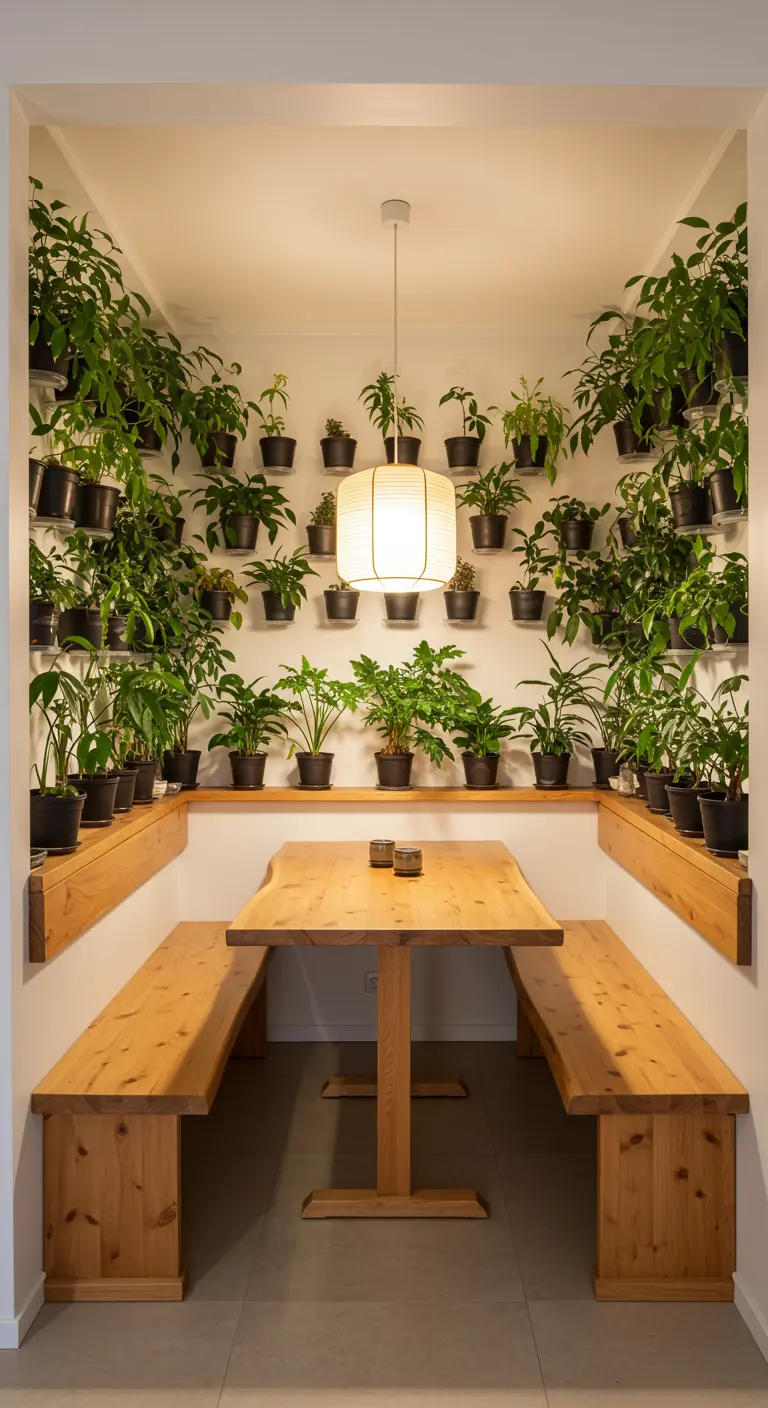 A dining nook with built-in wooden benches and walls completely lined with shelves of plants.