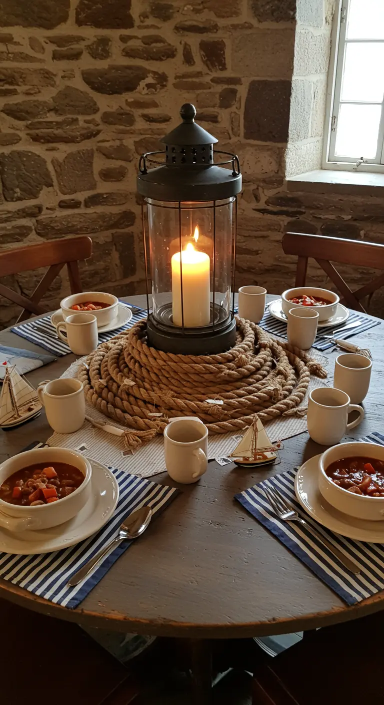 Cozy round table with a coiled rope and lantern centerpiece and striped placemats.