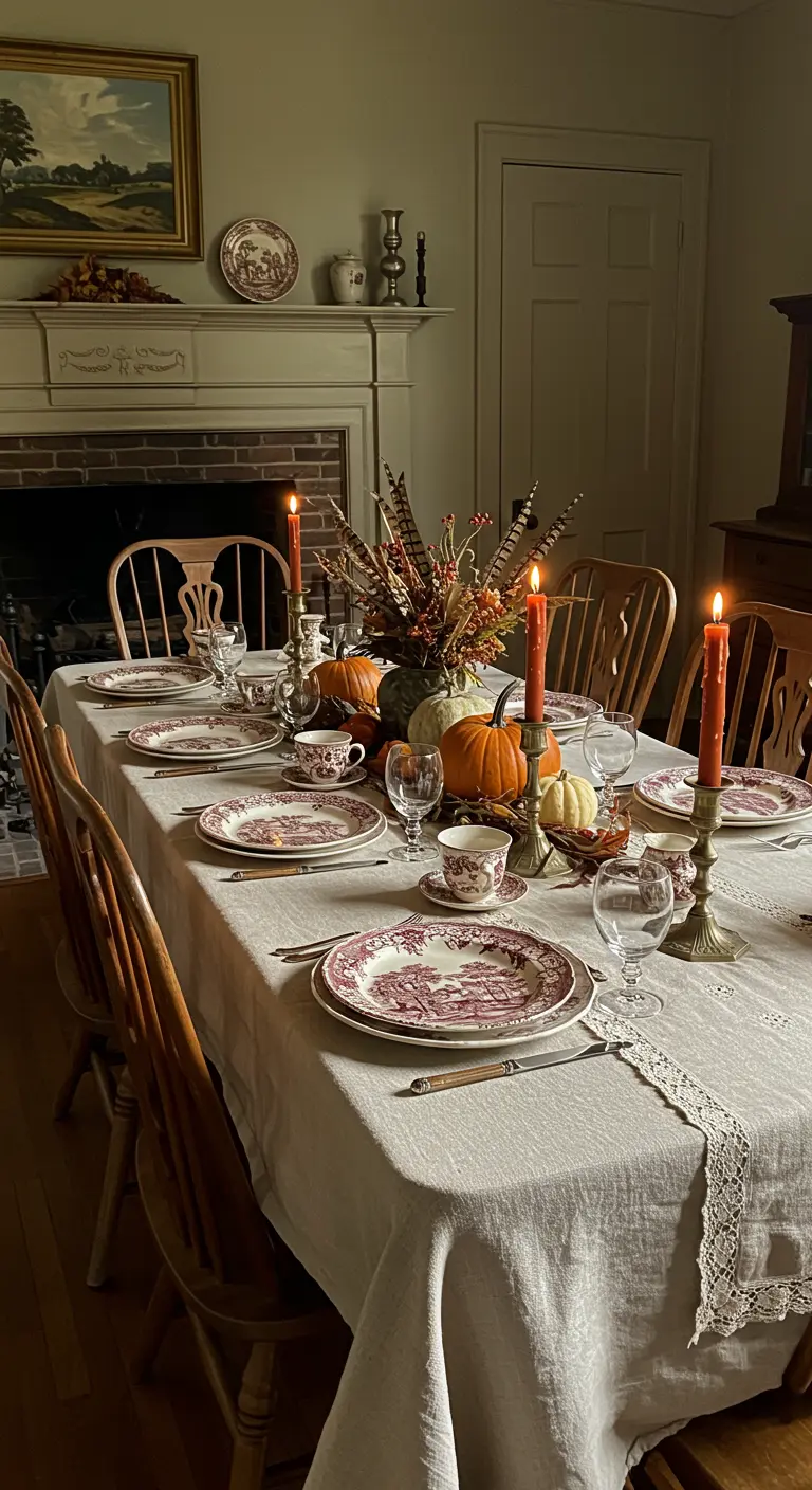 Thanksgiving table with red transferware china and a pumpkin centerpiece.