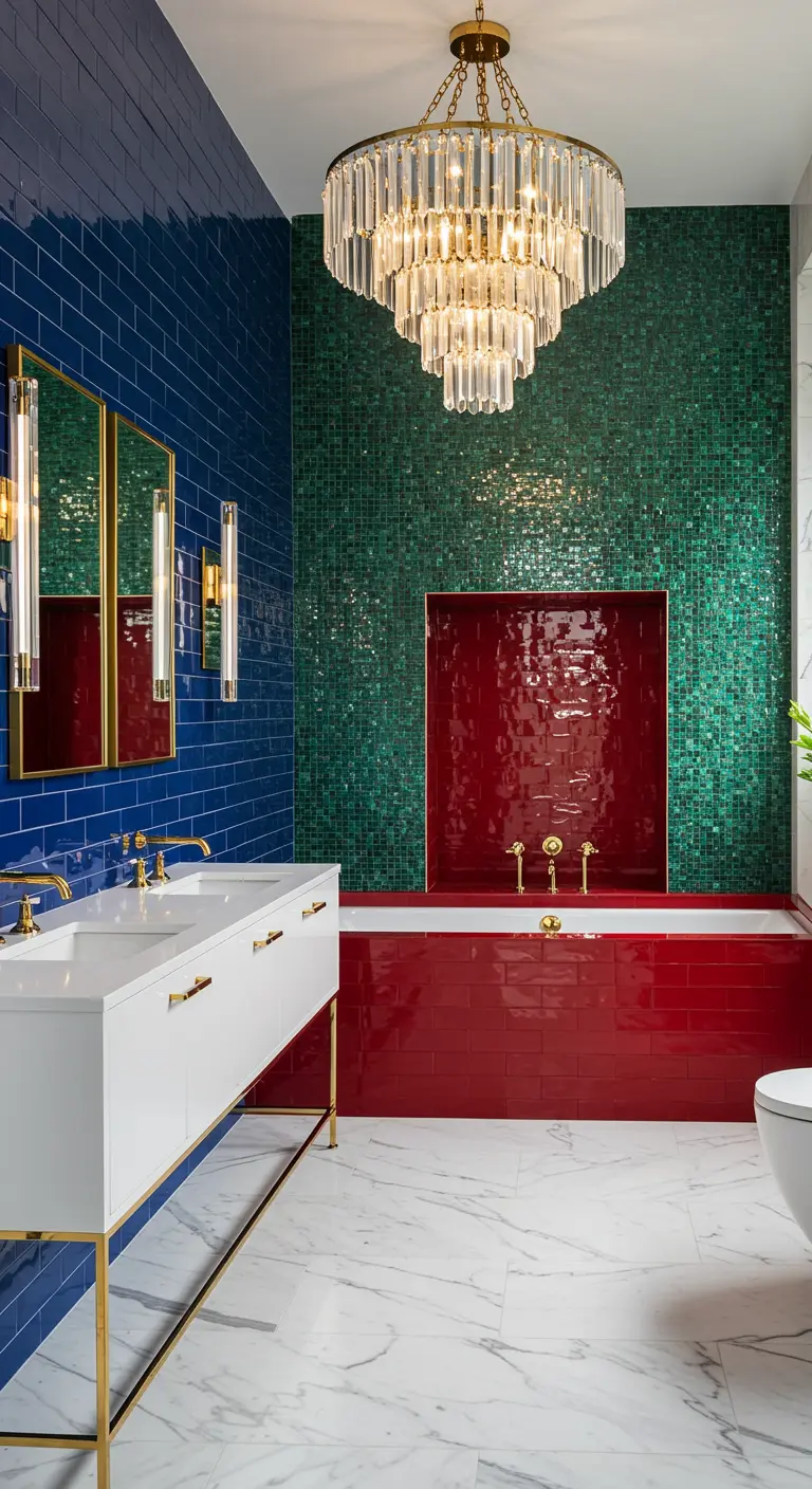 A bathroom with blue, green, and red tiled sections, a white vanity with gold legs, and a marble floor.