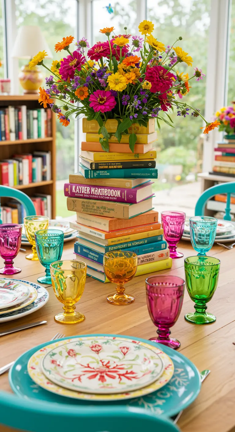 A colorful table setting with a centerpiece of brightly colored books and matching glassware.