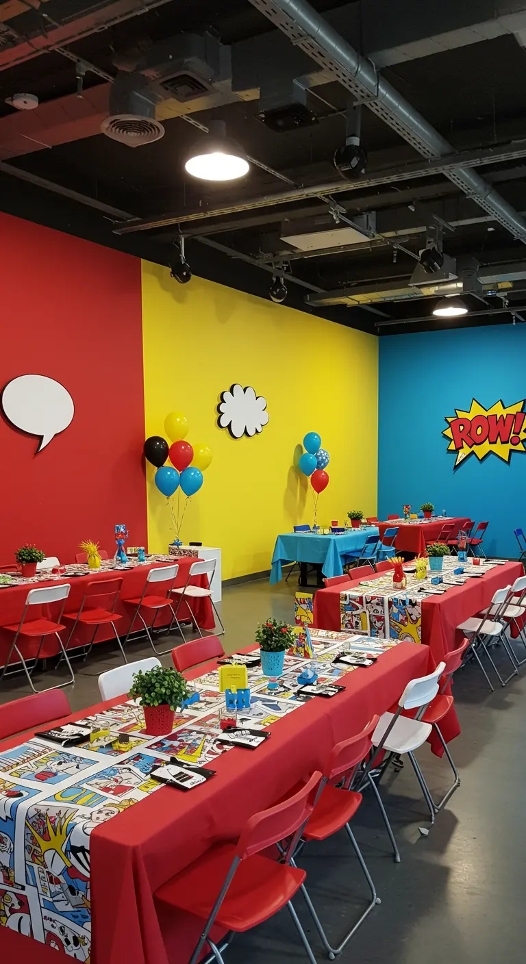 Party room with walls painted in bold red, yellow, and blue.