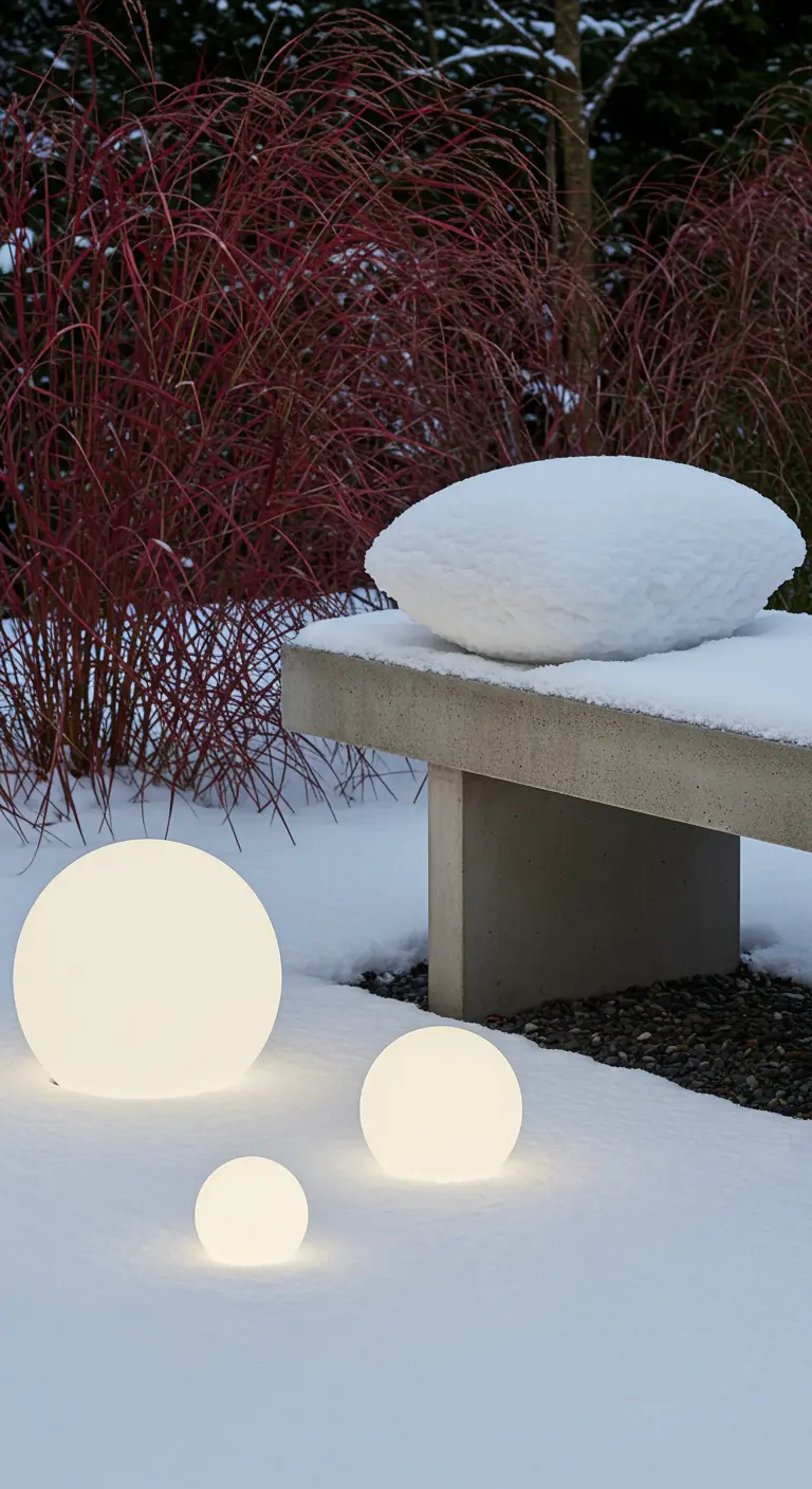 Glowing orbs next to a concrete bench, with vibrant red ornamental grass behind.