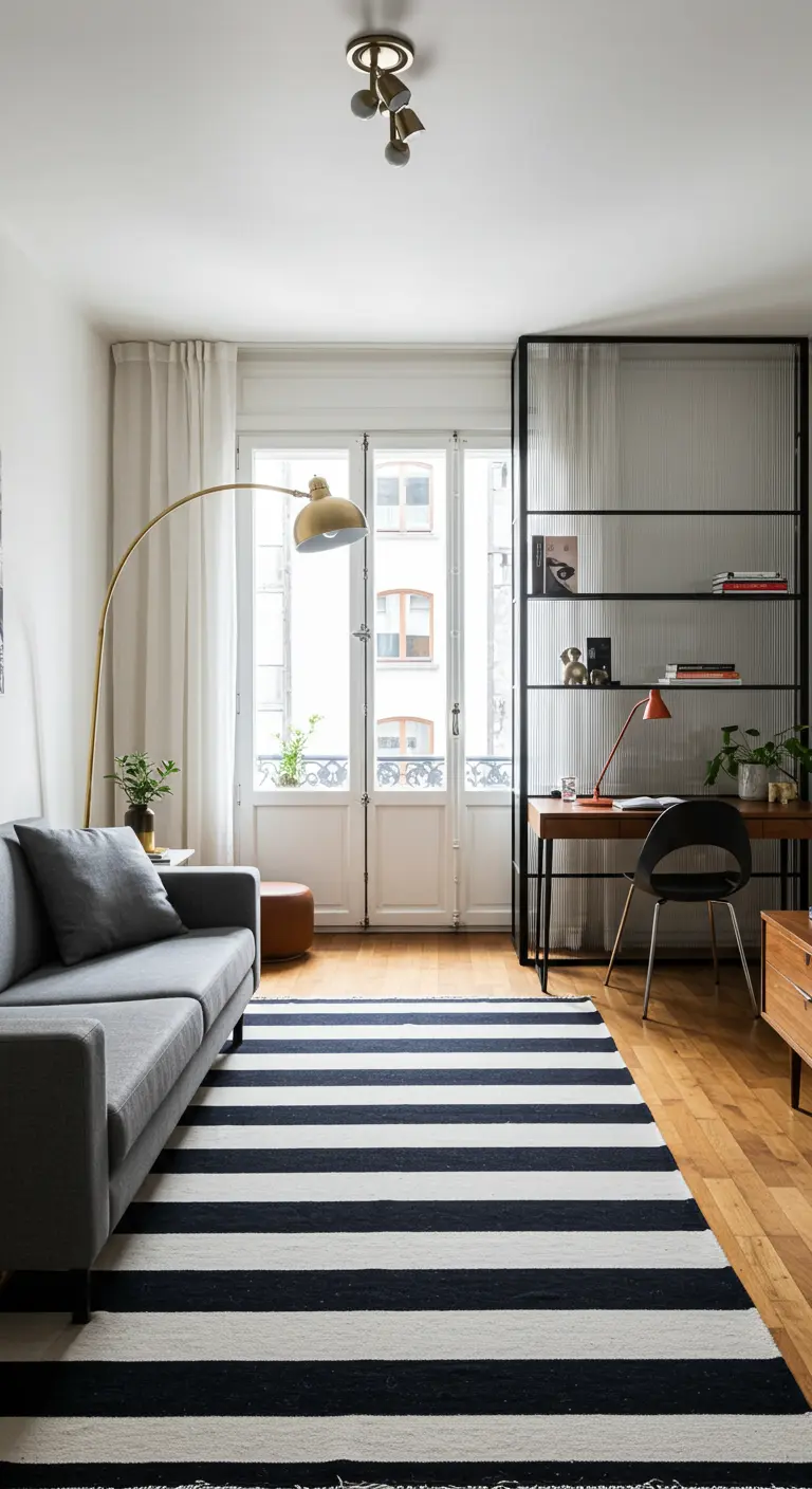 A reeded glass screen separates a desk from a living room with a striped rug.