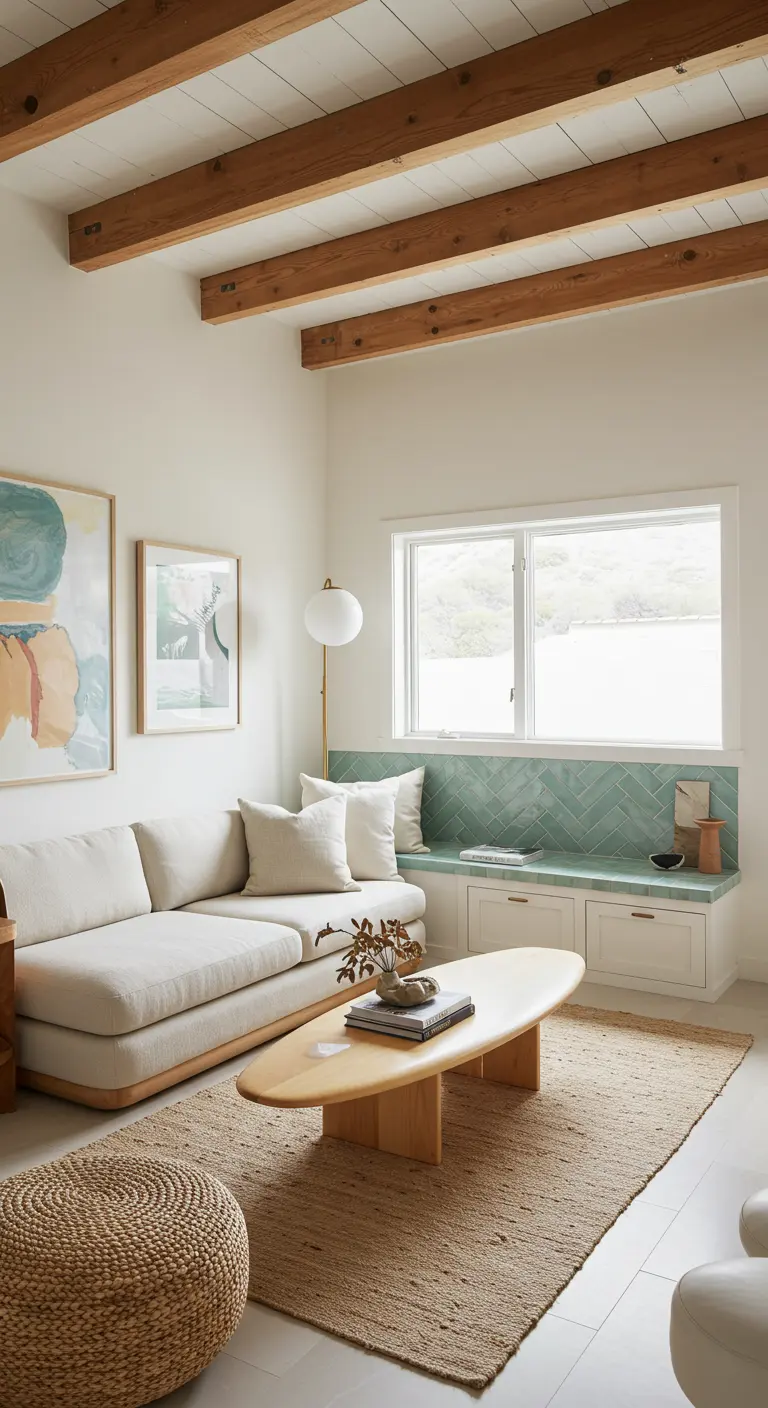 A coastal living room with a built-in window bench topped with green subway tiles.