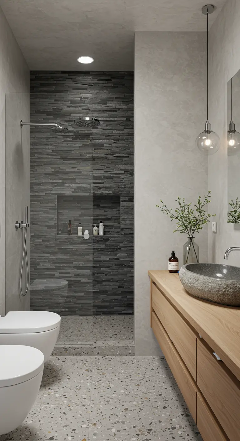 Bathroom combining a stacked stone shower wall with terrazzo floors and a wood vanity.