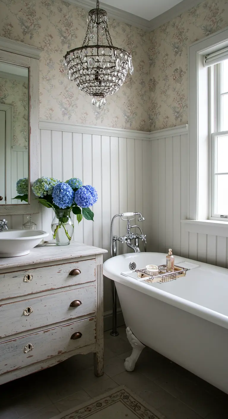 French country bathroom with floral wallpaper, beadboard, and a distressed white vanity.