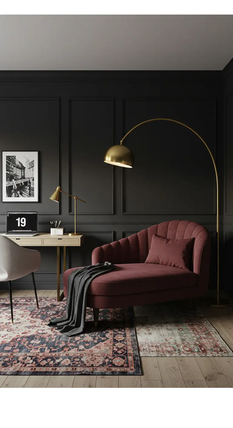 Home office with charcoal walls, a desk, and a mauve velvet chaise lounge under a brass arc lamp.