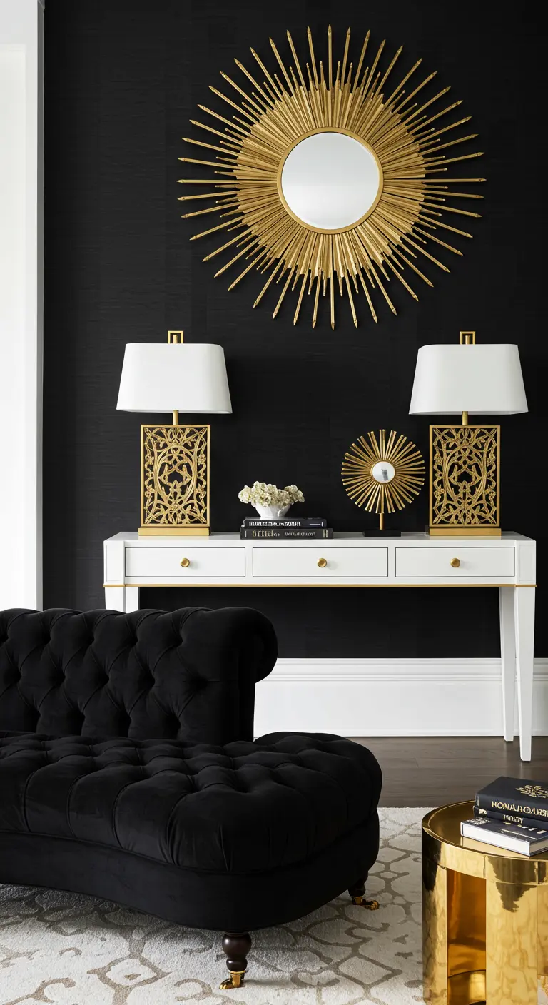 A black tufted chaise in front of a white console and gold lamps against a black wall.