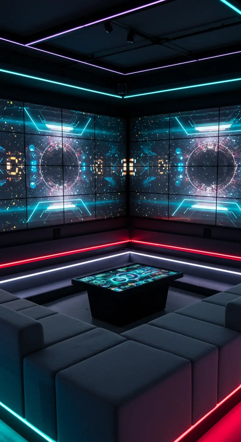 A media room with video screen walls, neon light trim, and a high-tech interactive table.