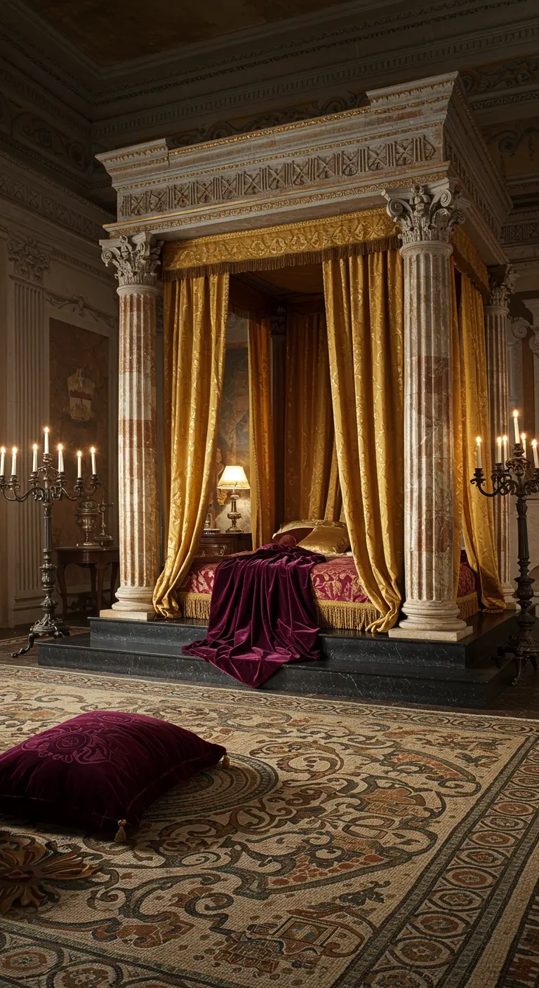 Palatial bedroom with a columned canopy bed, gold curtains, and a purple throw.