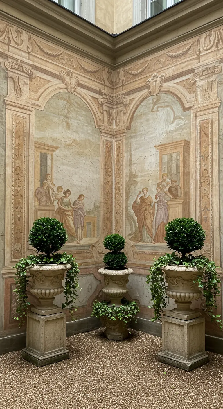 A classical courtyard with a fresco mural on the walls and ornate stone urns with topiary.