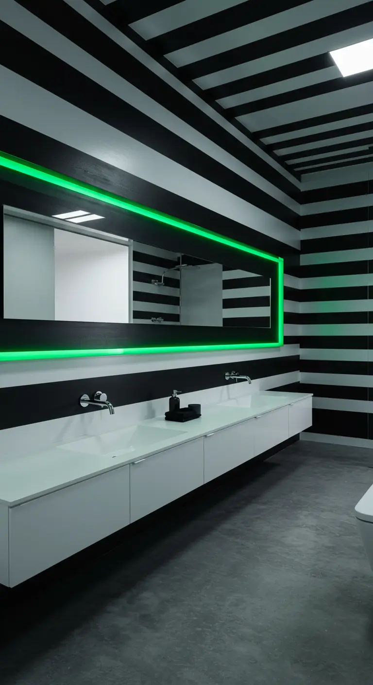 Bathroom with dramatic black and white striped walls and a mirror backlit in green.